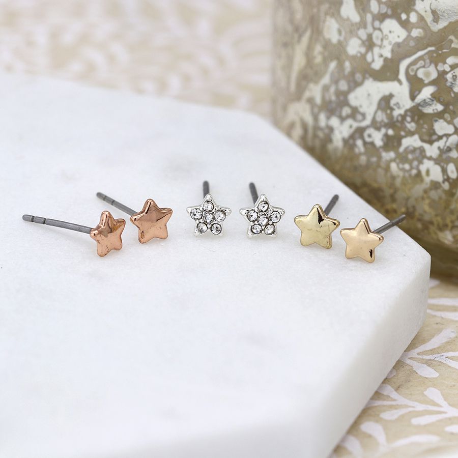 Triple star rose gold, silver and crystal earring set