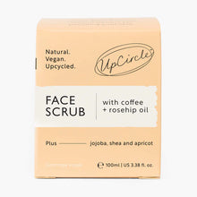 Load image into Gallery viewer, UpCircle Face Scrub packaging with coffee and rosehip oil on a white background
