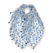 Load image into Gallery viewer, Blue Leaf Print Scarf with Tassels