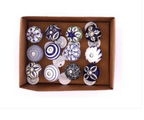 Patterned Rustic Blue and White Door Knobs - Little Gems Interiors