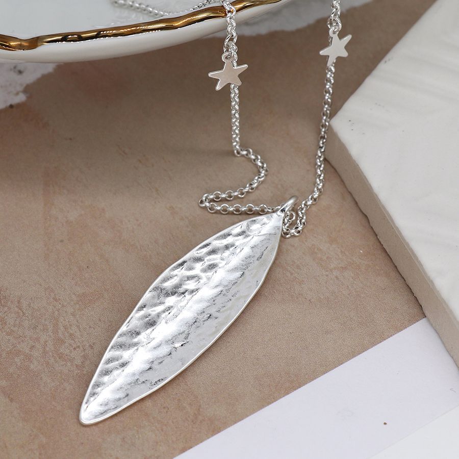 Silver plated long leaf necklace with stars