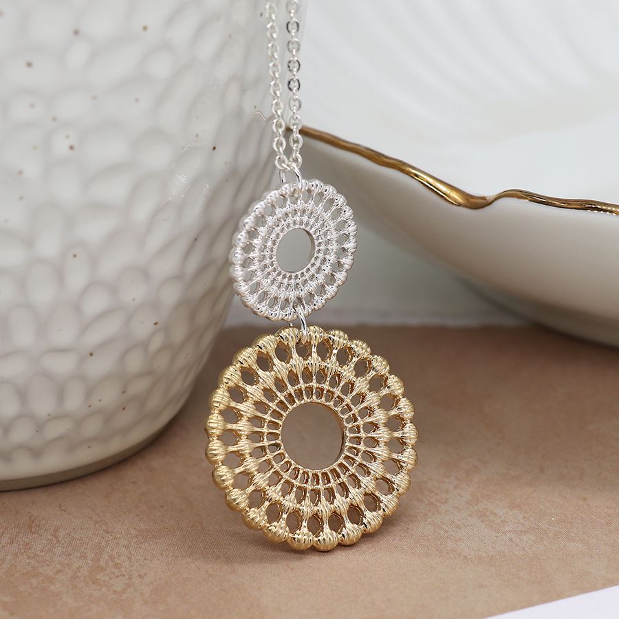 Silver and gold double circle lace necklace