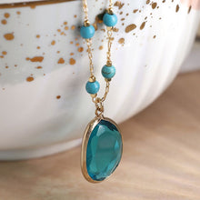 Load image into Gallery viewer, Golden turquoise bead necklace with teal crystal drop
