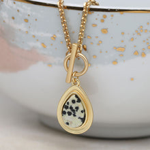 Load image into Gallery viewer, Matt gold Dalmation Jasper teardrop t-bar necklace
