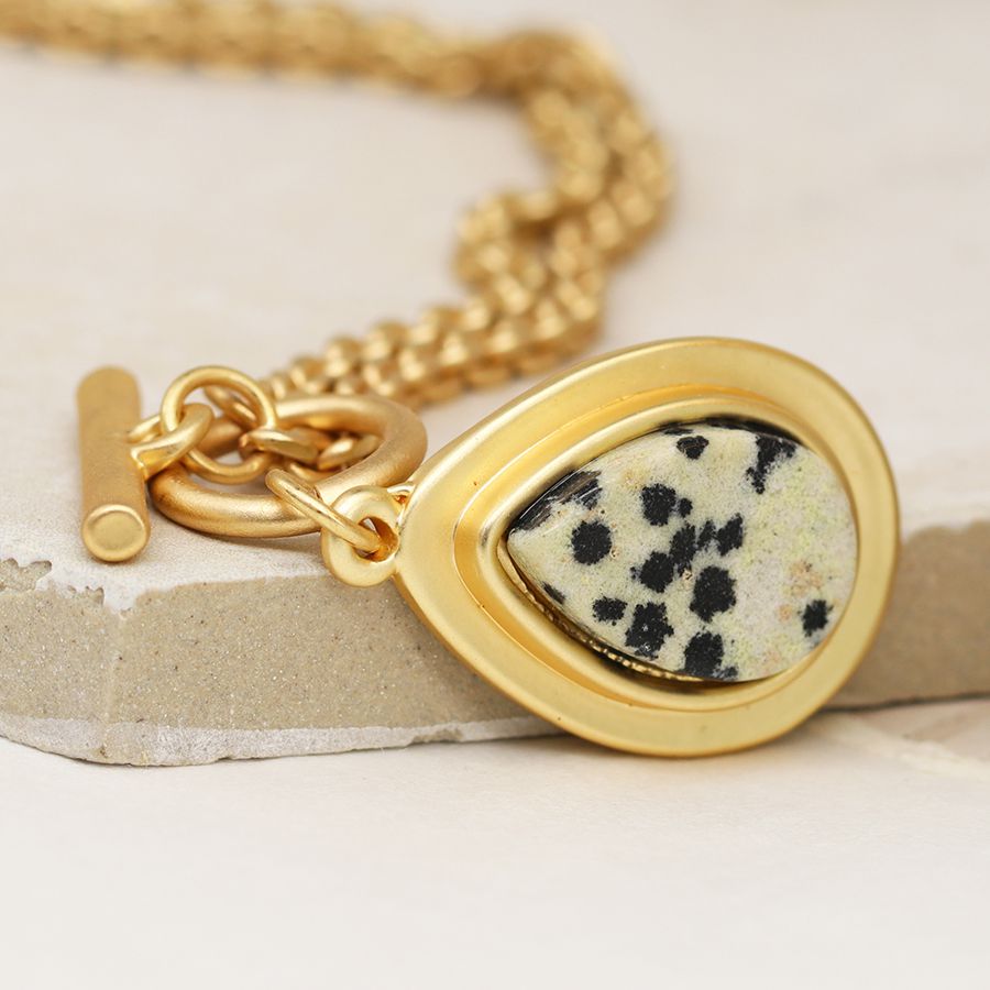 Matt gold Dalmation Jasper teardrop t-bar necklace