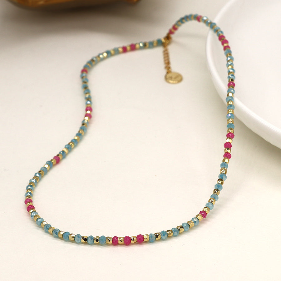 Aqua pink and gold faceted bead necklace