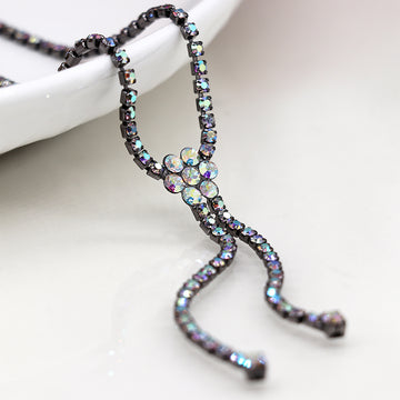 Metallic black classic crystal lariat necklace