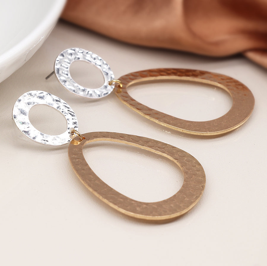 Silver plated and faux gold worn finish small and large hammered shape earrings