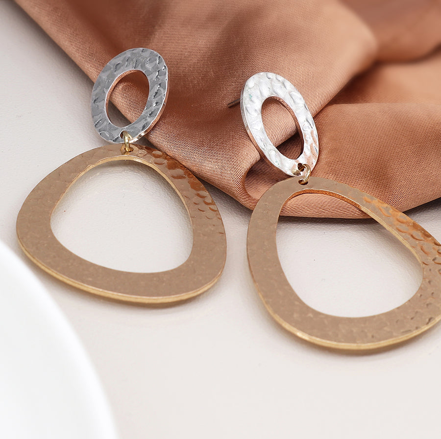 Silver plated and faux gold worn finish small and large hammered shape earrings