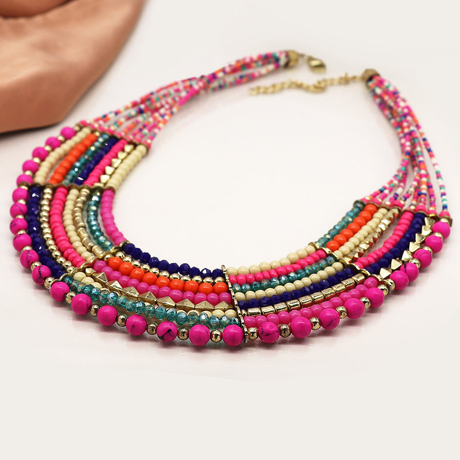 Pink, green and gold mix layered bead necklace