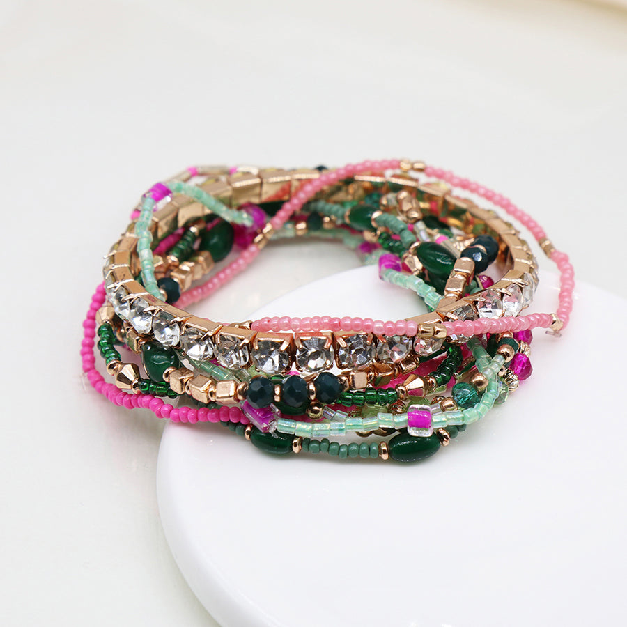 Pink and green mix multi strand bracelet set