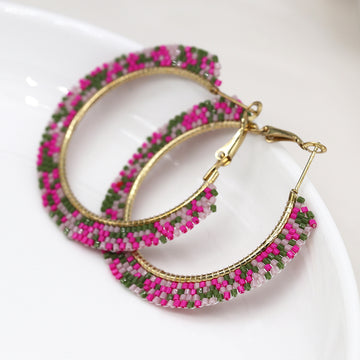 Pink, green and lilac bead hoop earrings