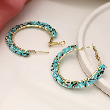 Aqua, white and gold bead hoop earrings