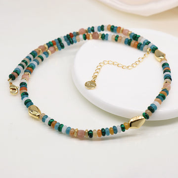 Blue mix bead necklace with golden pebbles