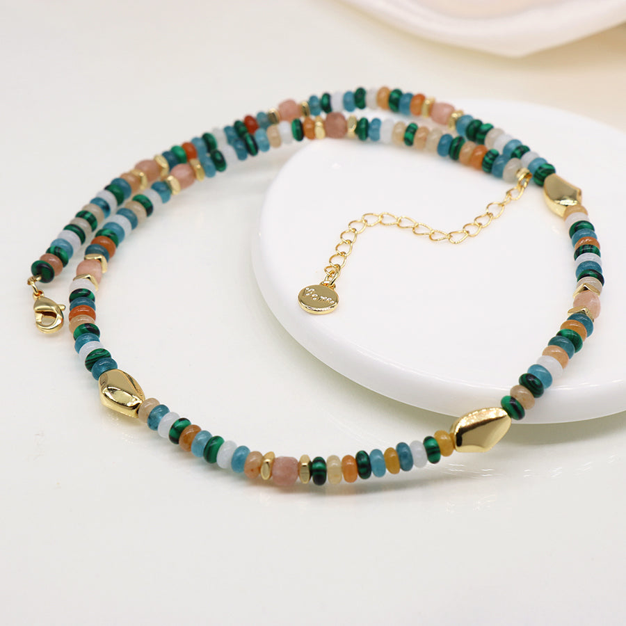 Blue mix bead necklace with golden pebbles
