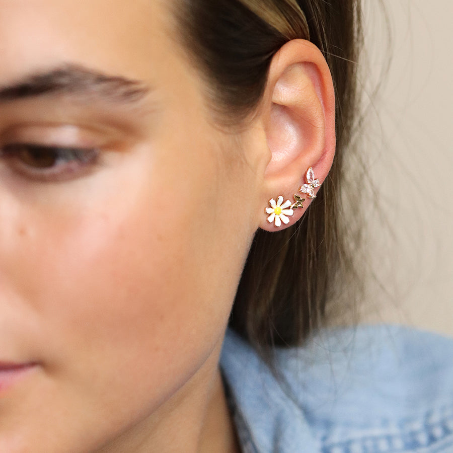 Golden triple flower and butterfly stud set
