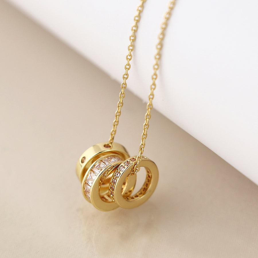 Golden triple mini crystal rings necklace