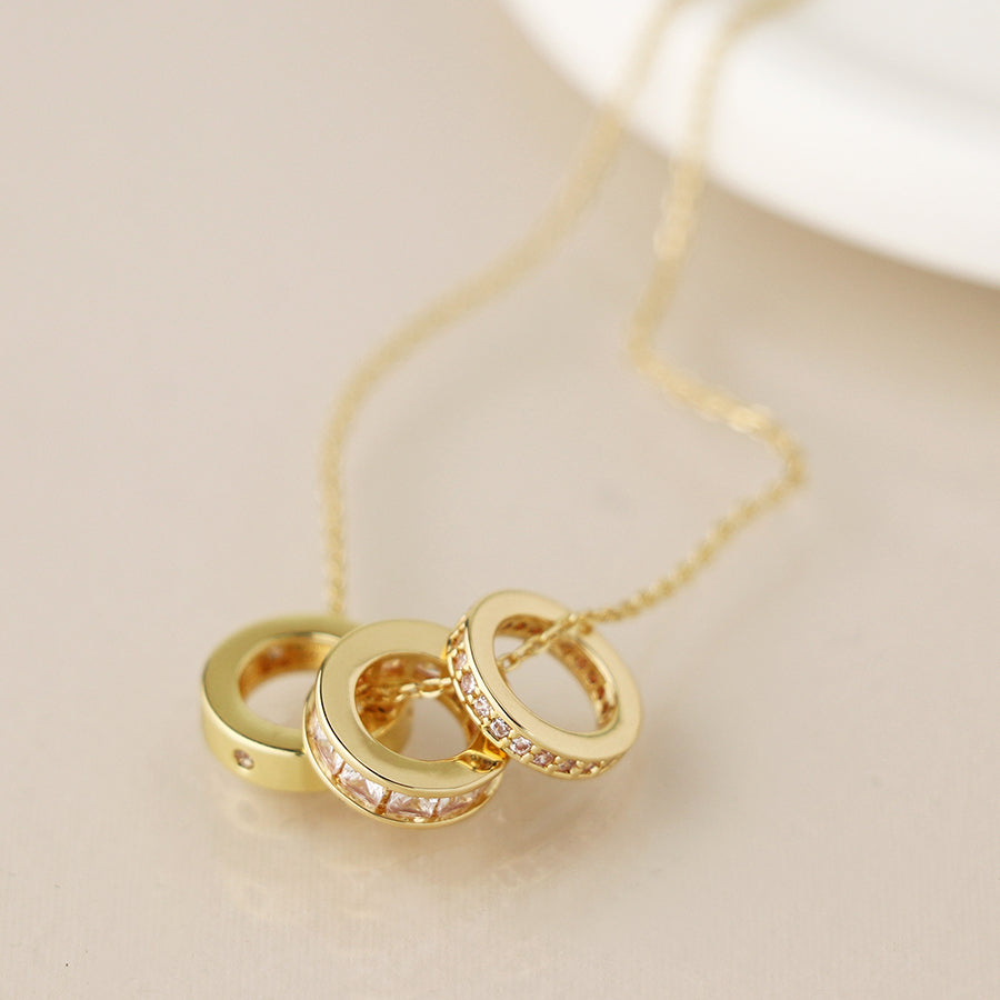 Golden triple mini crystal rings necklace