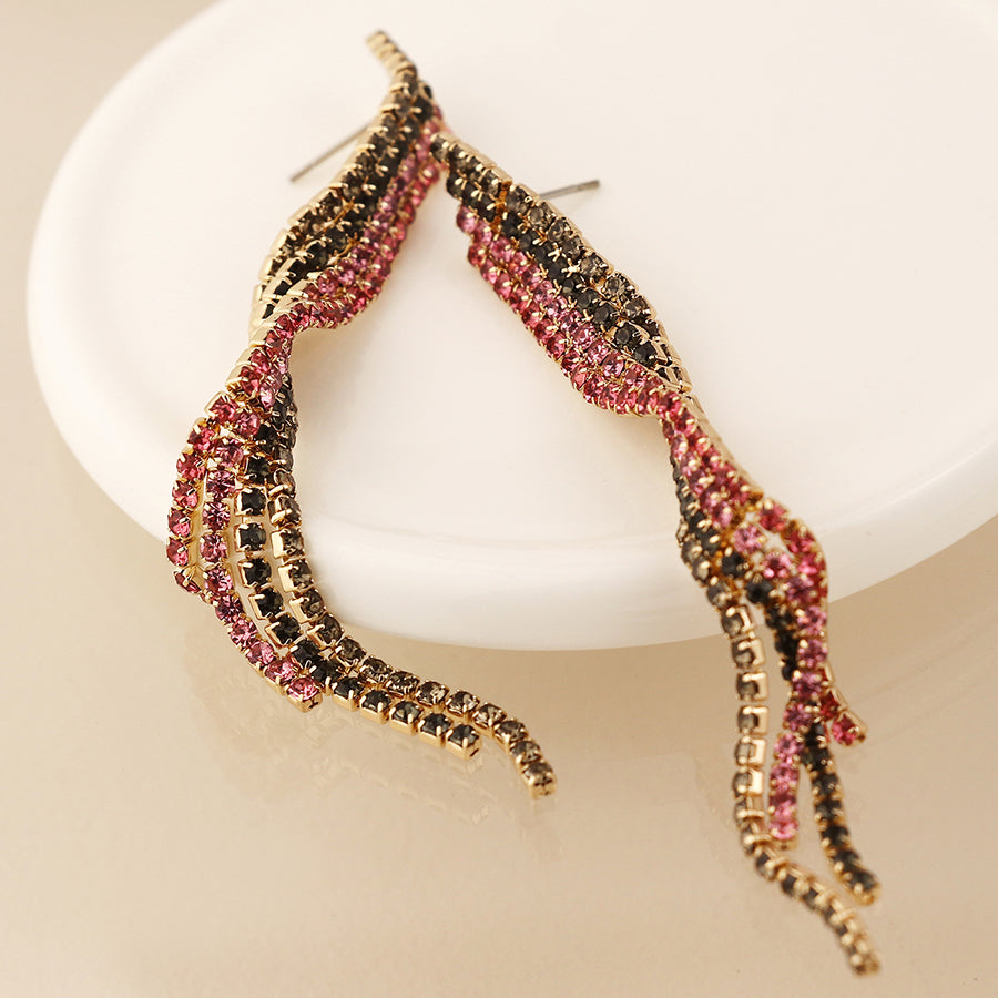 Black and pink mix ribbon twist crystal earrings