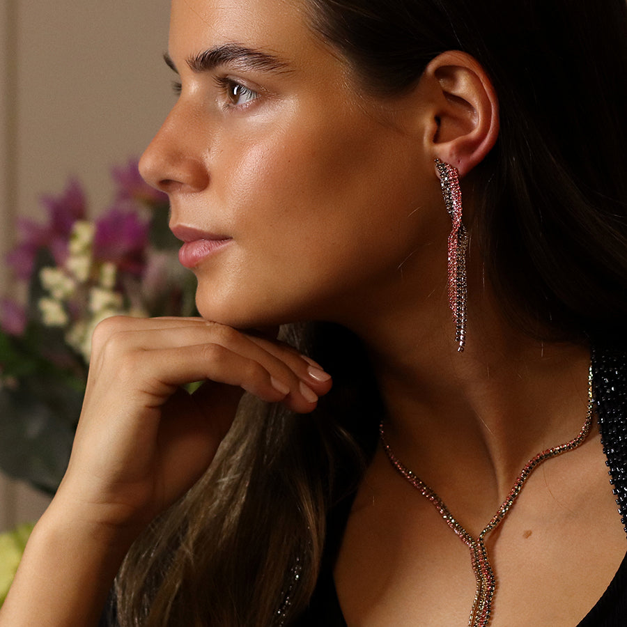 Black and pink mix ribbon twist crystal earrings