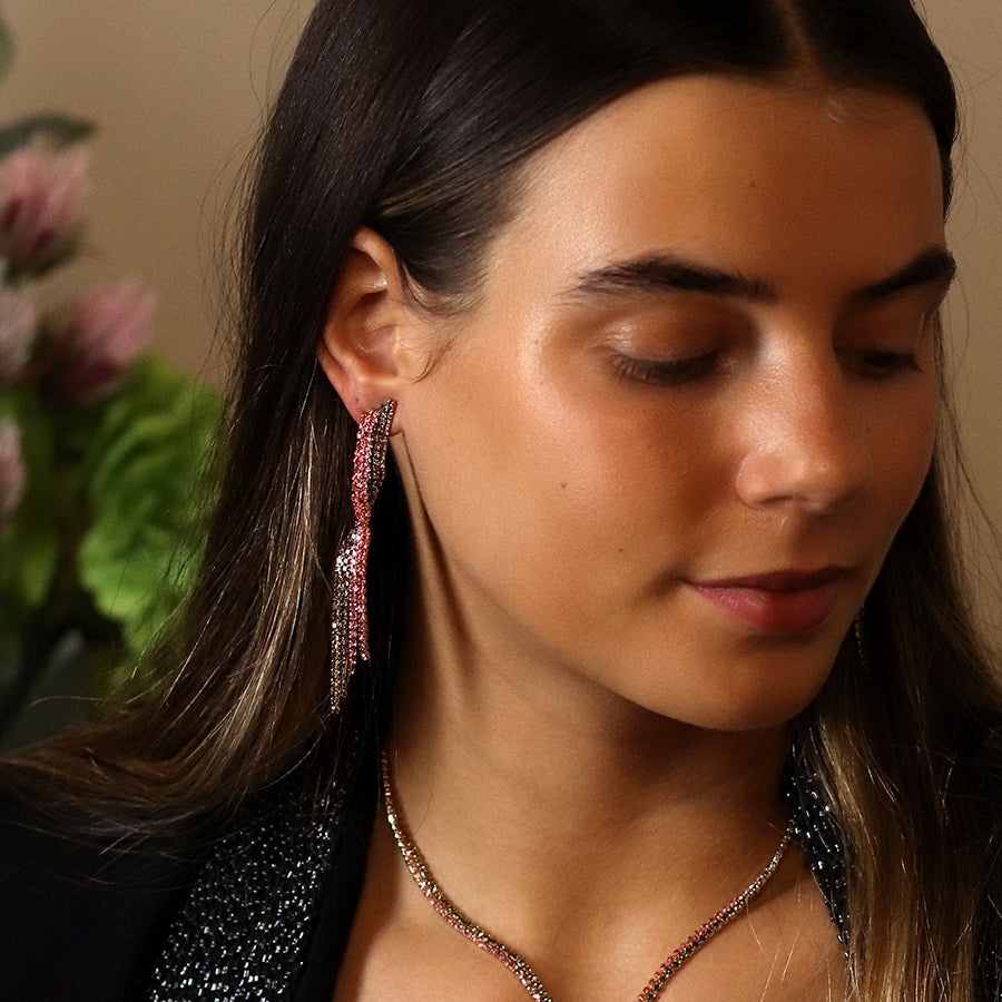 Black and pink mix ribbon twist crystal earrings