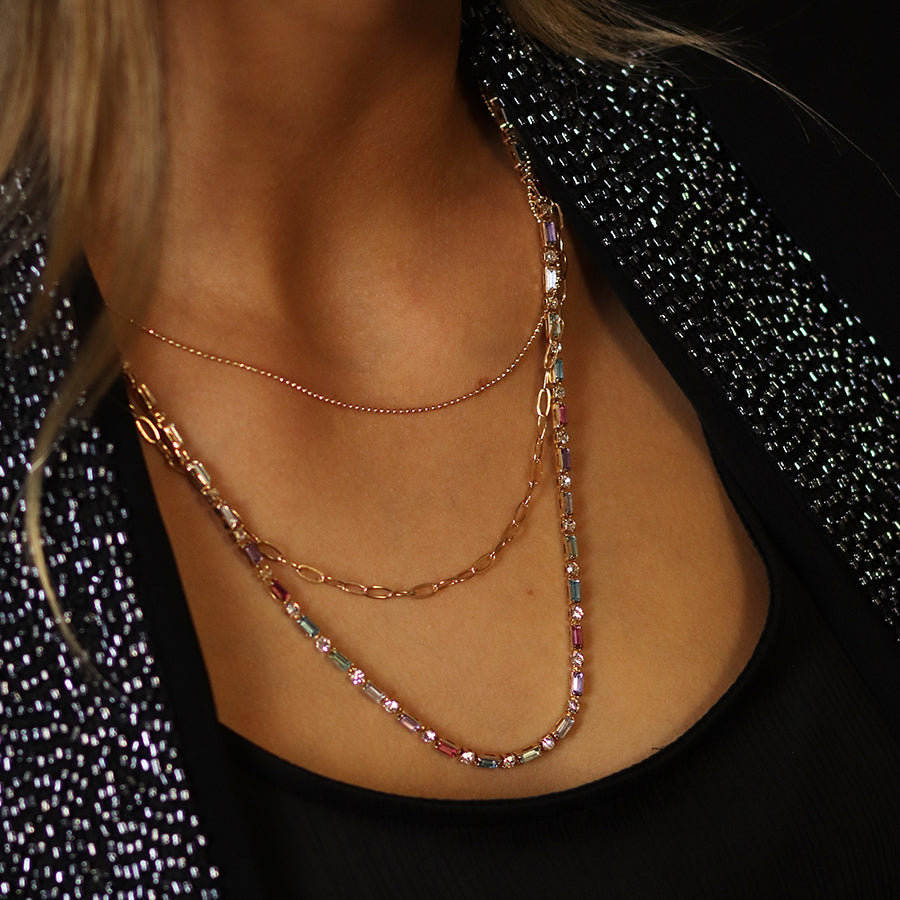 Golden multicoloured crystals and chains necklace