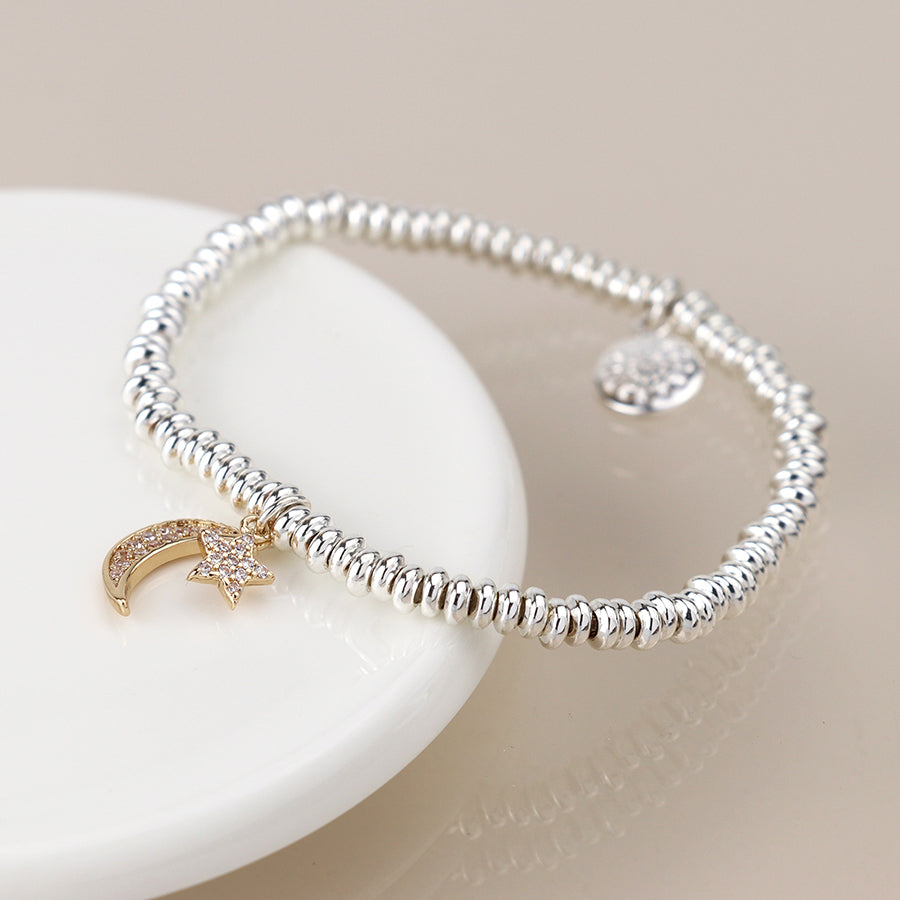 Silver plated crystal crescent moon and star bracelet