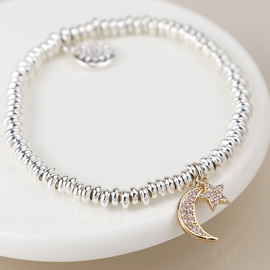 Silver plated crystal crescent moon and star bracelet