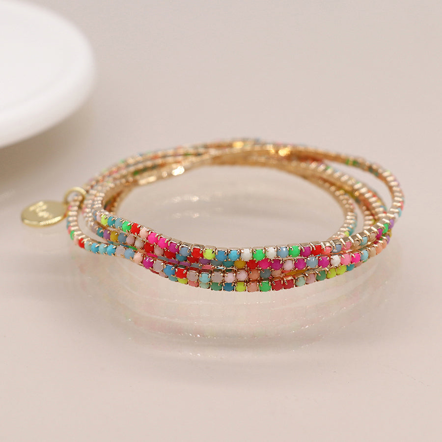 Golden multistrand rainbow mix crystal bracelet stack