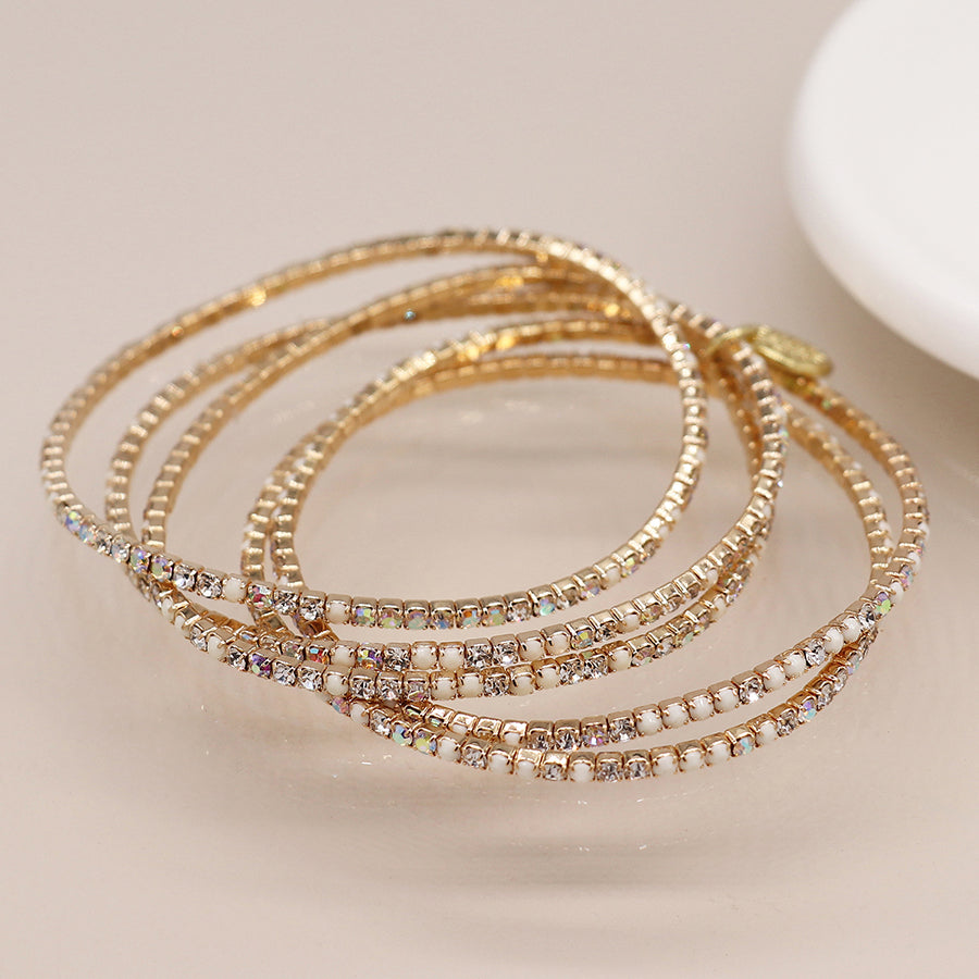 Golden multistrand cream mix crystal bracelet stack