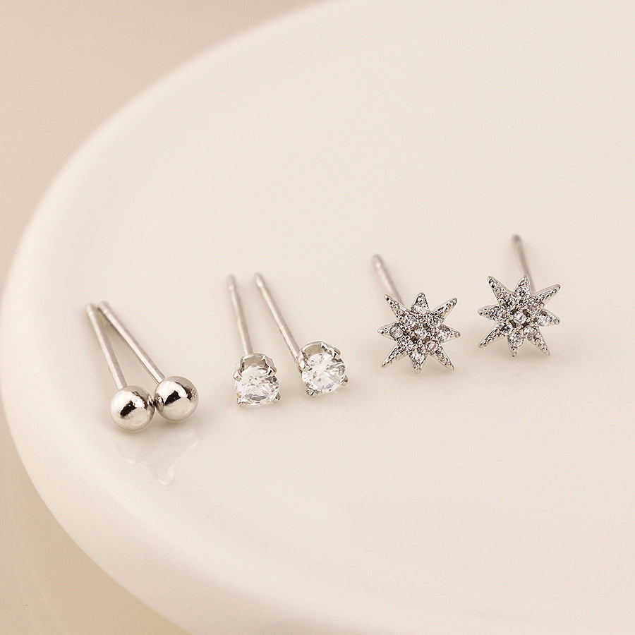 Silver plated crystal, star and bead earring set