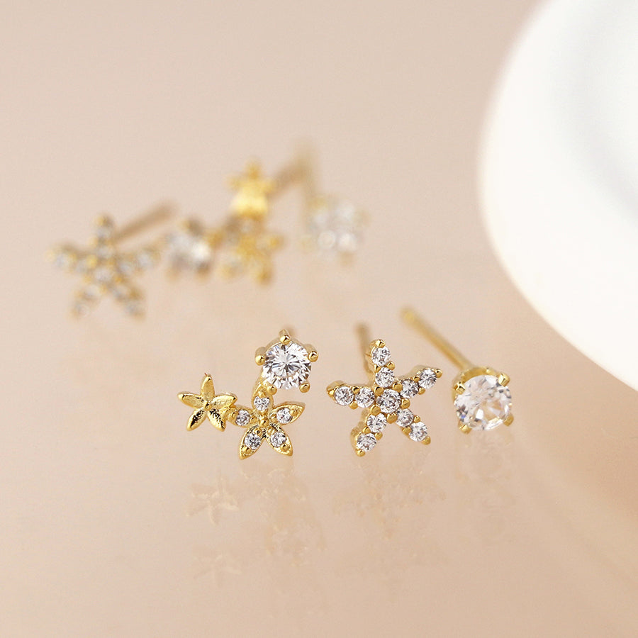 Golden flower mix stud earring set