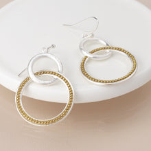 Load image into Gallery viewer, Silver plated double loop and golden bead earrings
