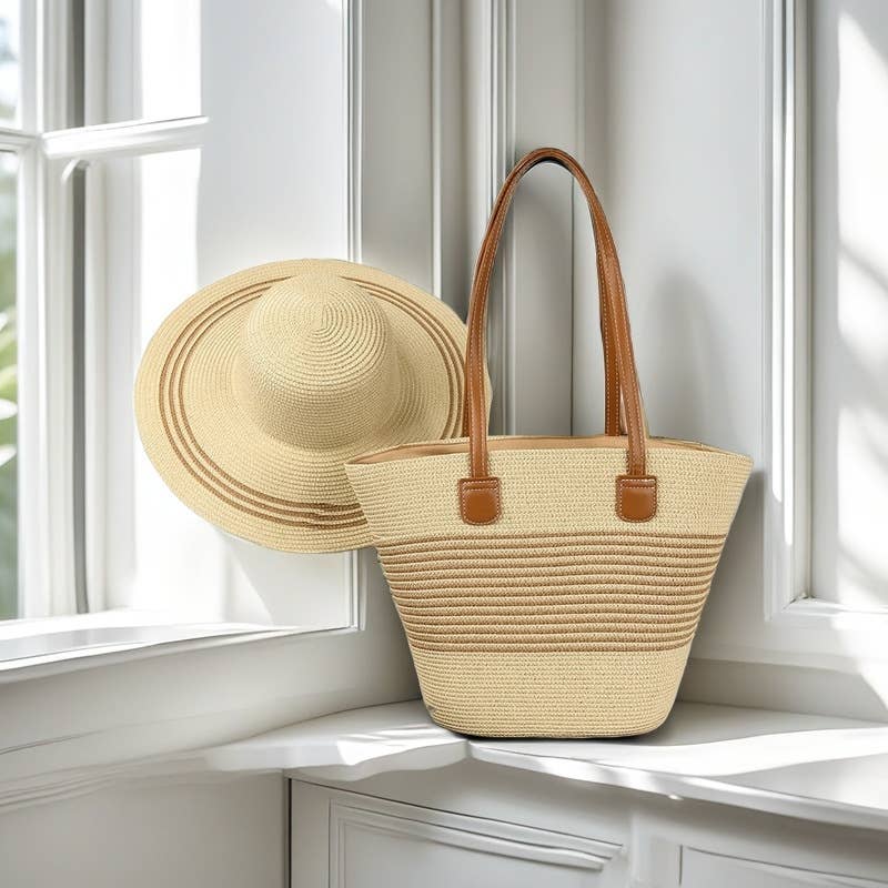 Striped Straw Basket Bag + Hat Set