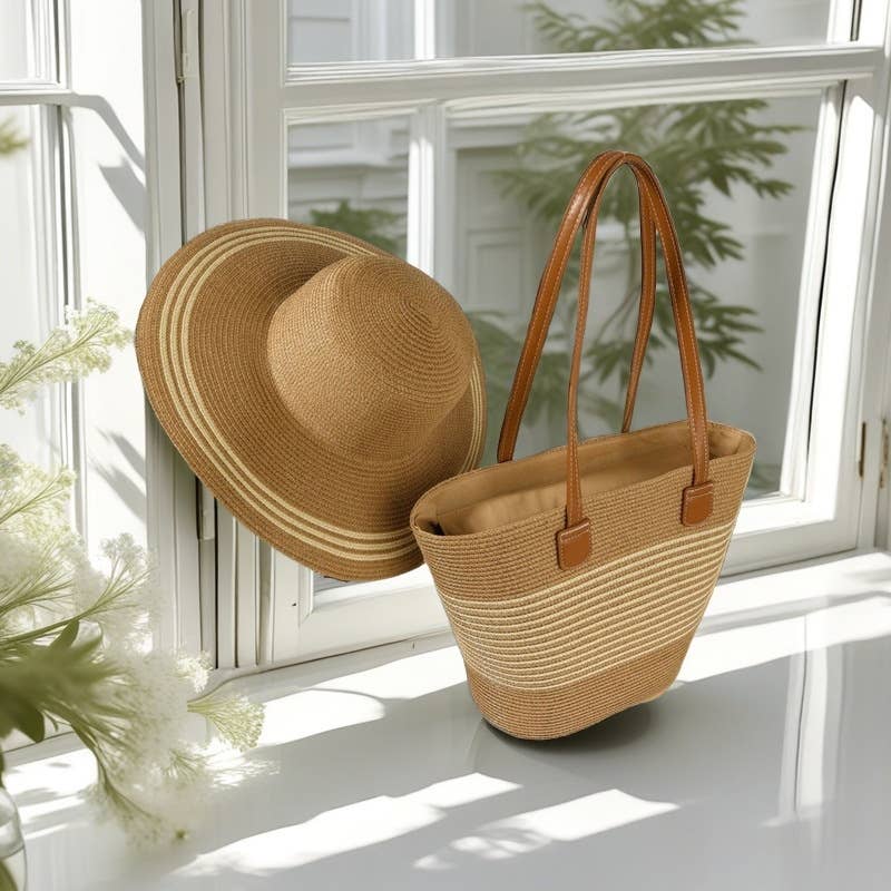 Striped Straw Basket Bag + Hat Set