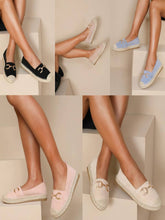 Load image into Gallery viewer, FAUX SUEDE FLAT GOLD METAL DETAIL ESPADRILLE MULES
