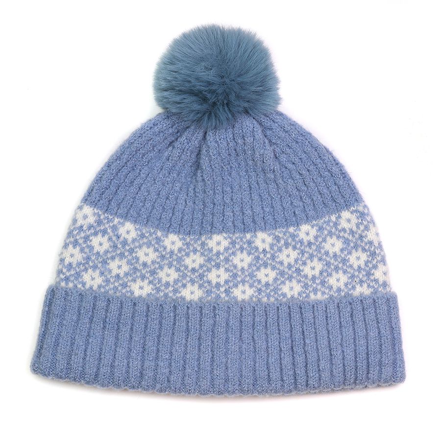 Recycled blend baby blue and white Scandi flower bobble hat