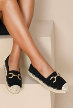 Load image into Gallery viewer, FAUX SUEDE FLAT GOLD METAL DETAIL ESPADRILLE MULES
