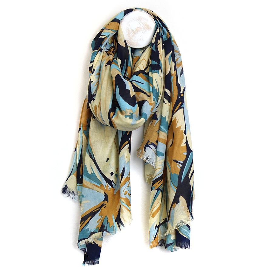 Bamboo viscose navy mix painterly petal print scarf