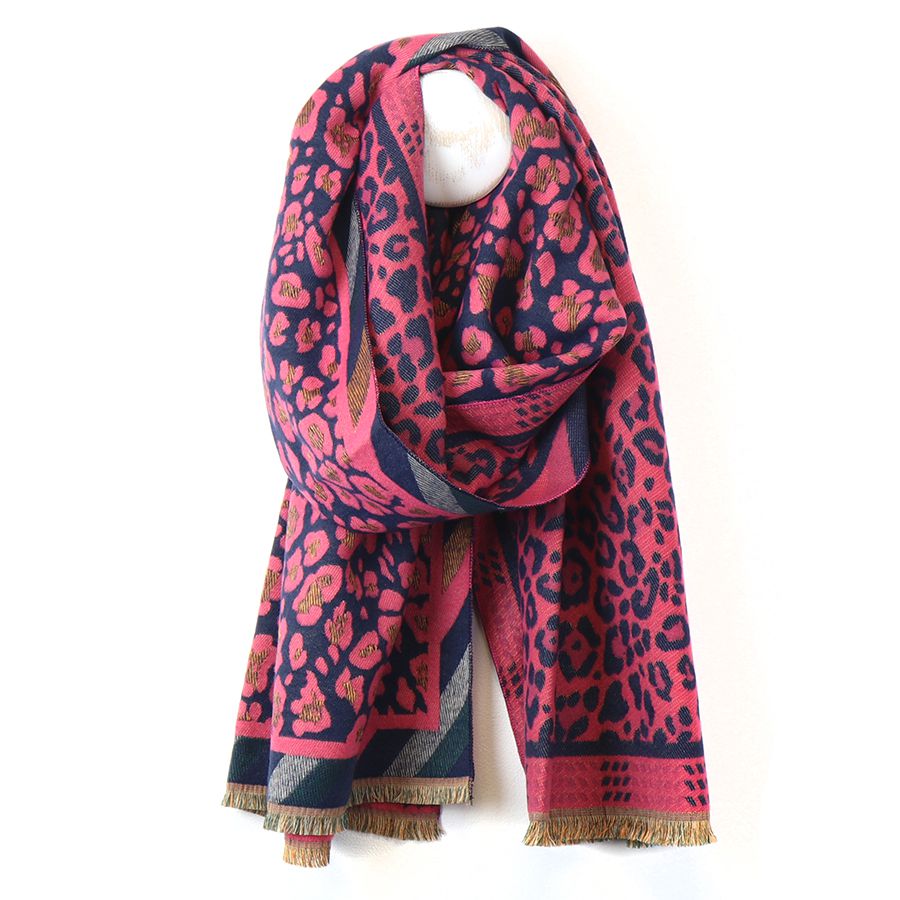 Pink and navy mix reversible leopard print scarf