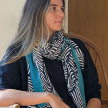 Load image into Gallery viewer, Blue border monochrome leaf print scarf
