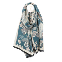 Load image into Gallery viewer, Teal blue crane and floral jacquard scarf
