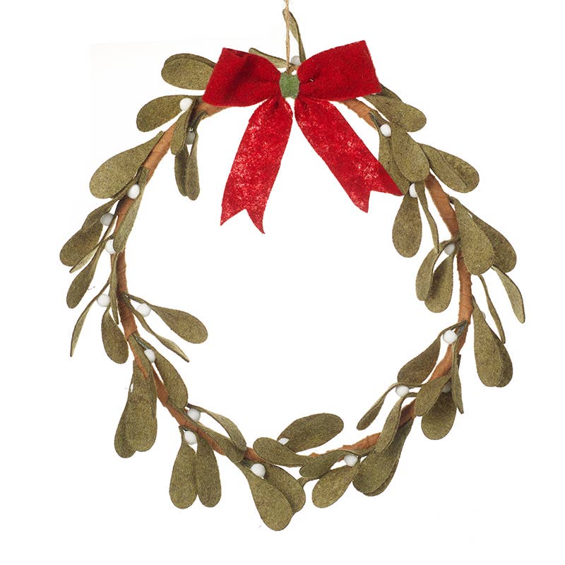 MISTLETOE FELT WREATH WITH RED BOW