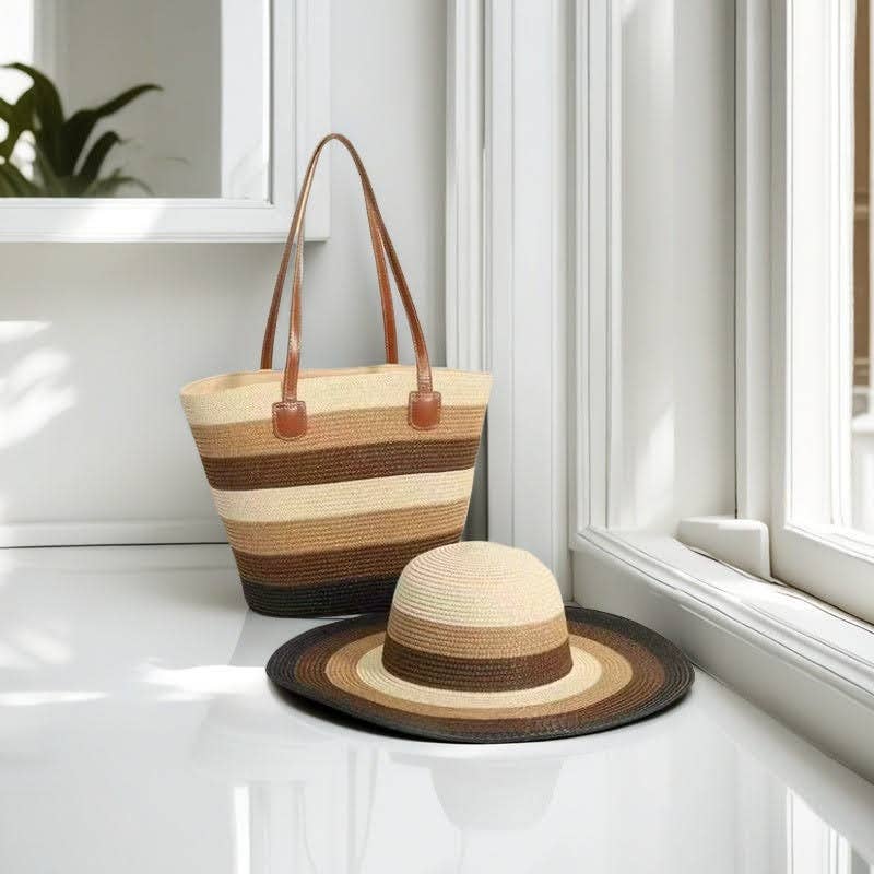 Straw Bag & Hat Set Medium Size Stripe