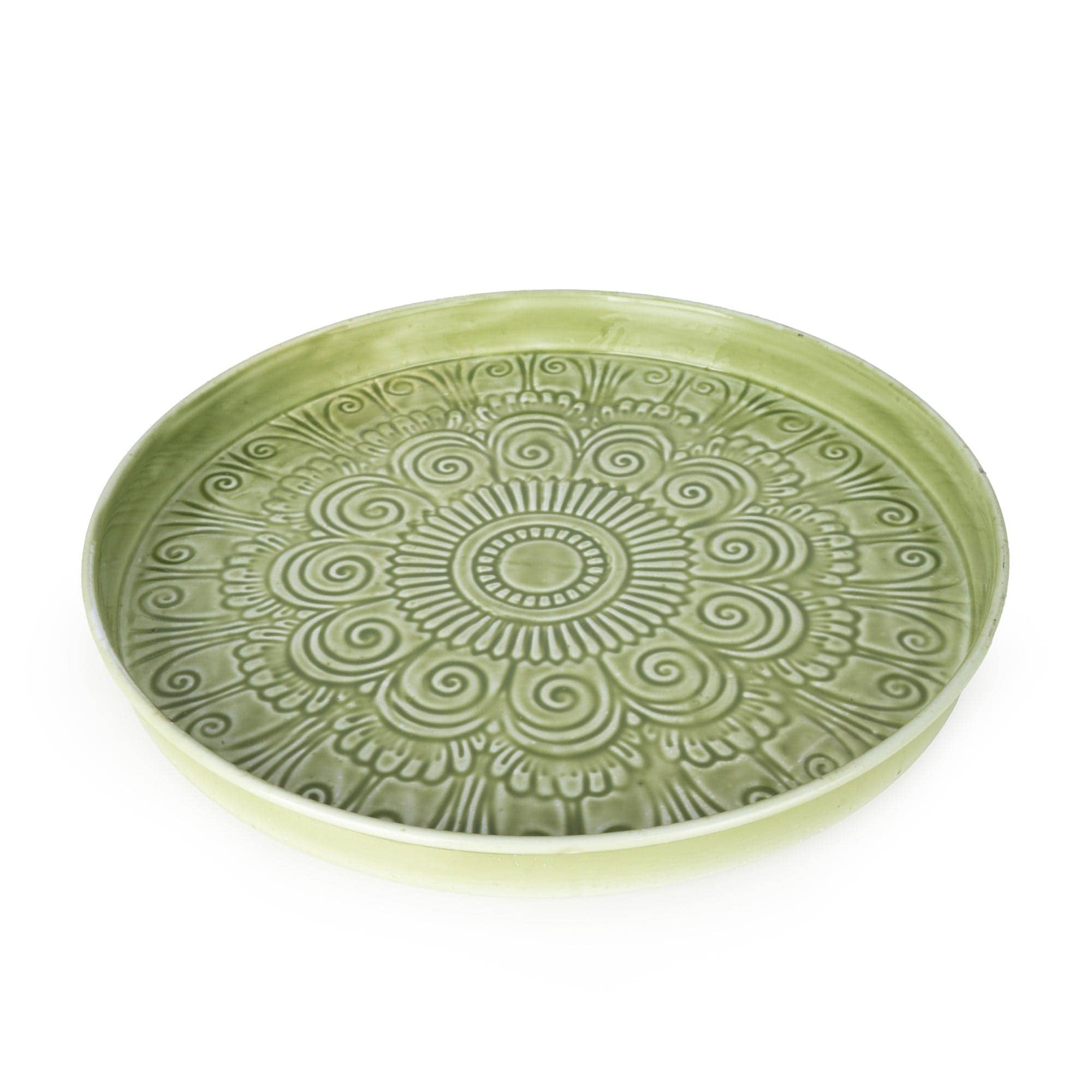 Round Metal Embossed Enamel tray - Green - 32cm