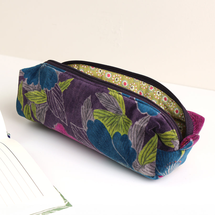 Teal and plum mix printed velvet botanical zip pouch