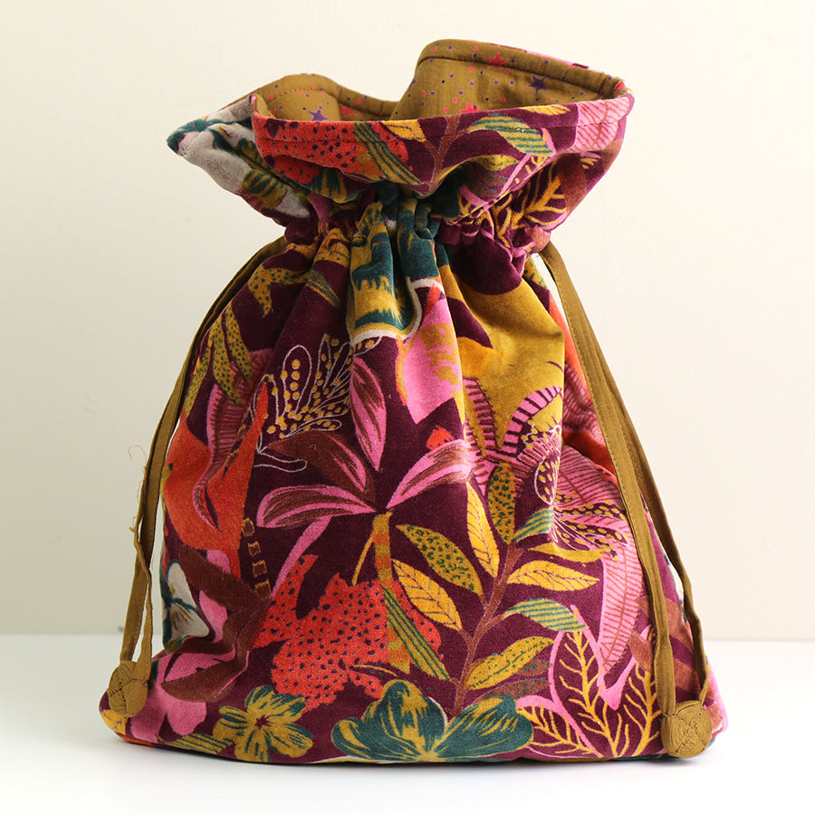 Rust and red mix printed velvet botanical draw string pouch