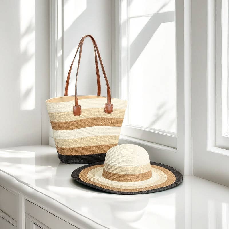 Straw Bag & Hat Set Medium Size Stripe