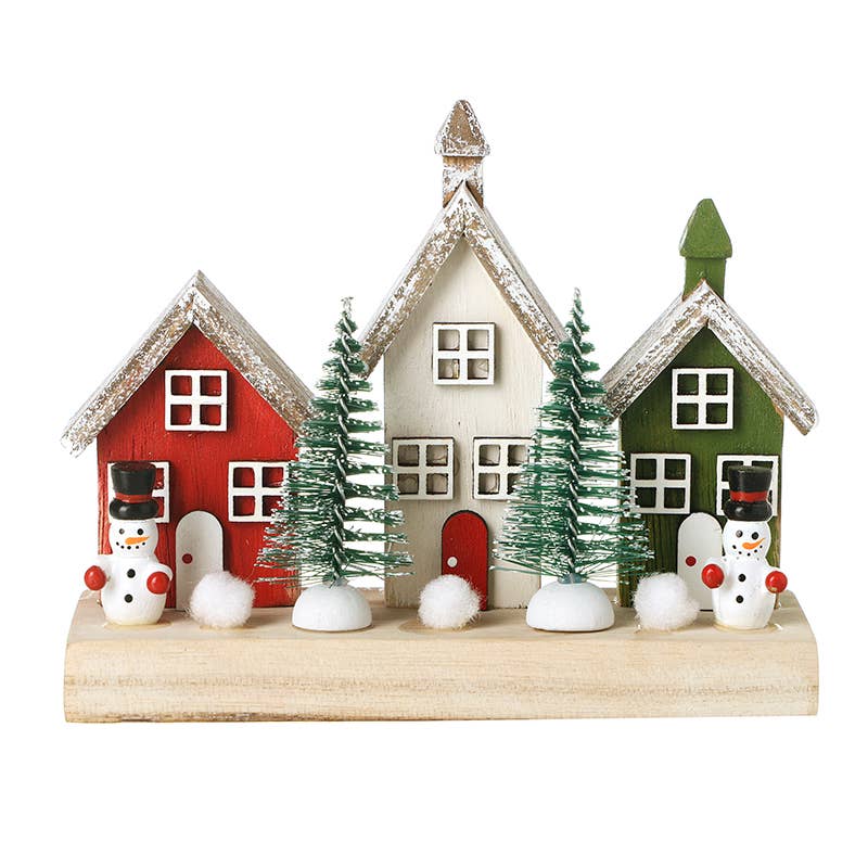 WOOD CHRISTMAS HOUSES WITH SNOWMEN ORN