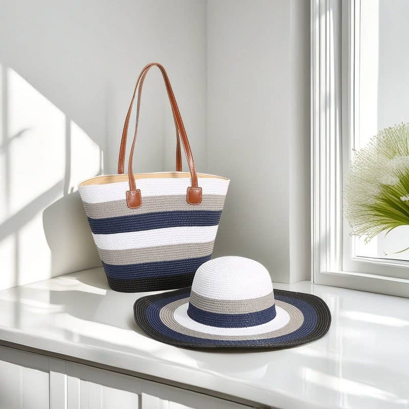 Straw Bag & Hat Set Medium Size Stripe